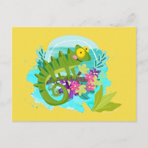 Green Tropical Lizard with Flowers Postcard
