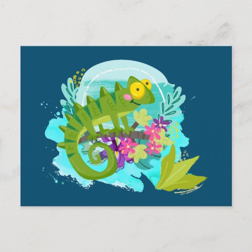 Green Tropical Lizard with Flowers Postcard