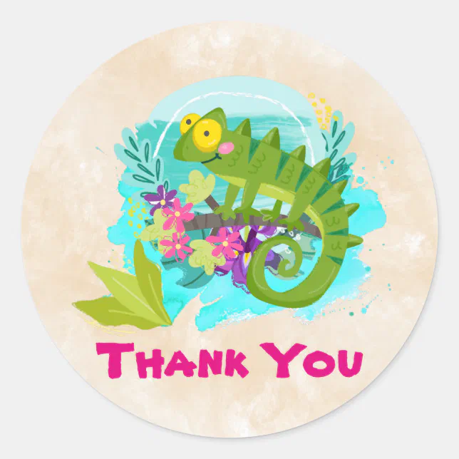 Lizard Thanks Green Tropical Lizard with Flowers Thank You Classic Round Sticker | Zazzle