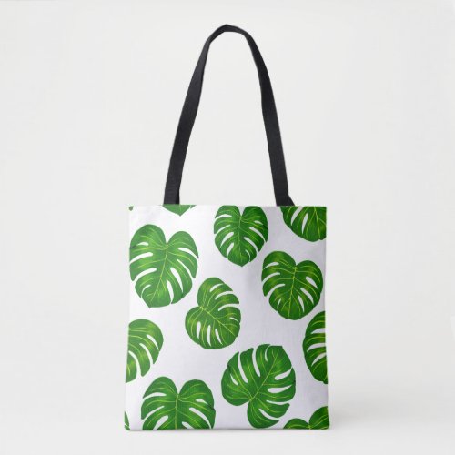 Green Tropical Monstera Deliciosa Leaves Pattern Tote Bag