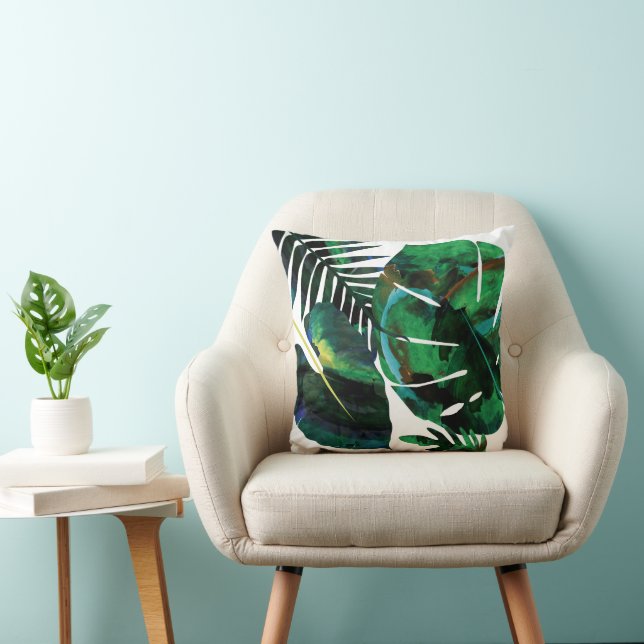 Green Tropical Monstera Fern Leaves Throw Pillow (Chair)