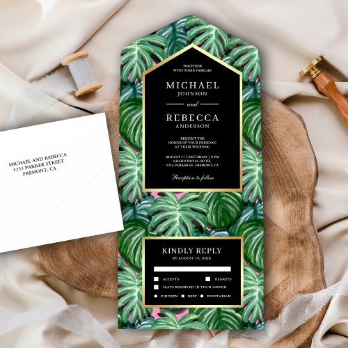 Green Tropical Monstera Leaves Black Gold Wedding All In One Invitation