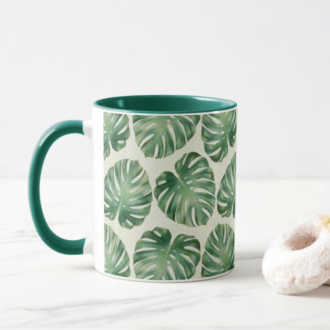Green Tropical Monstera Leaves Pattern  Mug (With Donut)