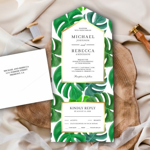Green Tropical Monstera Leaves Wedding All In One Invitation
