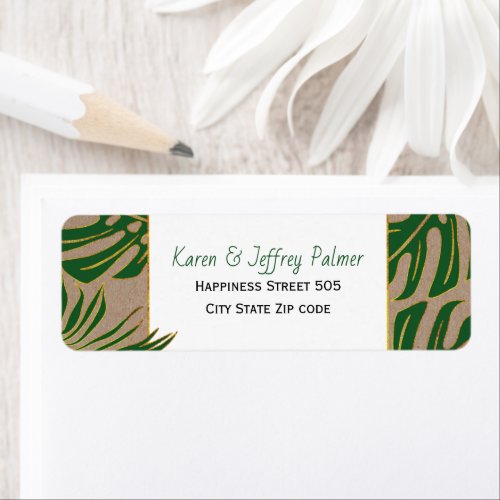 Green tropical monstera palm leaves rustic wedding label