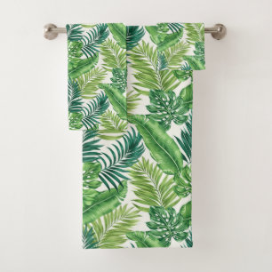 Green Tropical Palm Banana Monstera Leaves Bath Towel Set