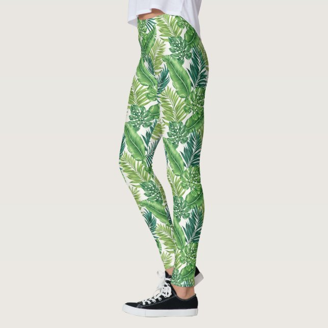 Green Tropical Palm Banana Monstera Leaves Leggings (Left)