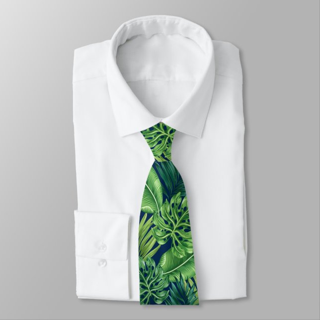 Green Tropical Palm Banana Monstera Leaves  Neck Tie (Tied)