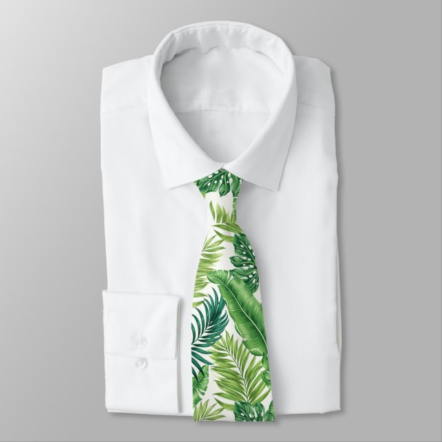 Green Tropical Palm Banana Monstera Leaves Neck Tie (Tied)