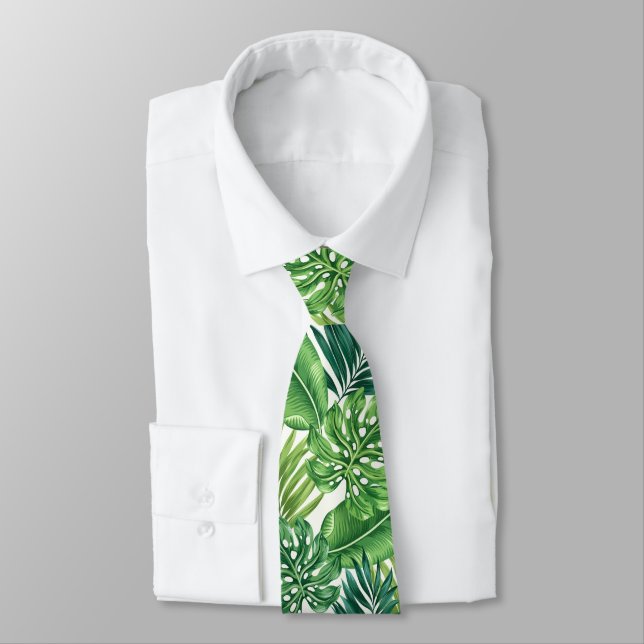 Green Tropical Palm Banana Monstera Leaves Neck Tie (Tied)