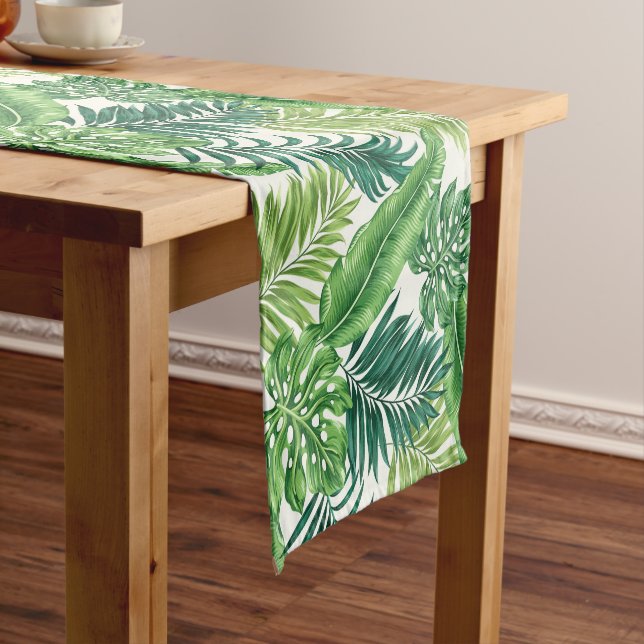 Green Tropical Palm Banana Monstera Leaves Short Table Runner (In Situ)