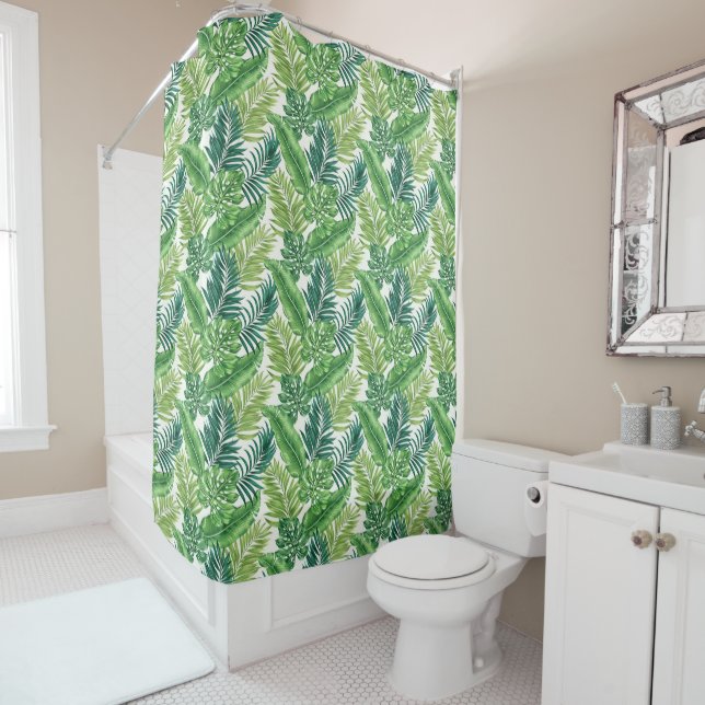 Green Tropical Palm Banana Monstera Leaves Shower Curtain (In Situ)