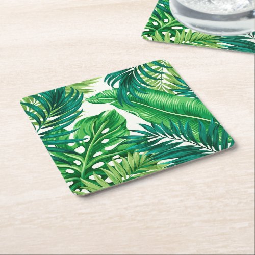 Green Tropical Palm Banana Monstera Leaves  Square Paper Coaster