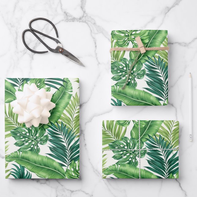 Green Tropical Palm Banana Monstera Leaves  Wrapping Paper Sheets (Front)