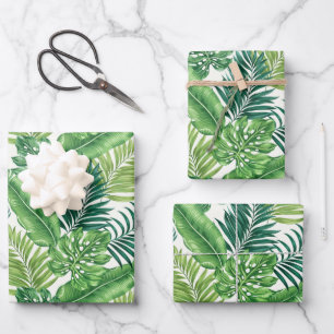 Green Tropical Palm Banana Monstera Leaves Wrapping Paper Sheets