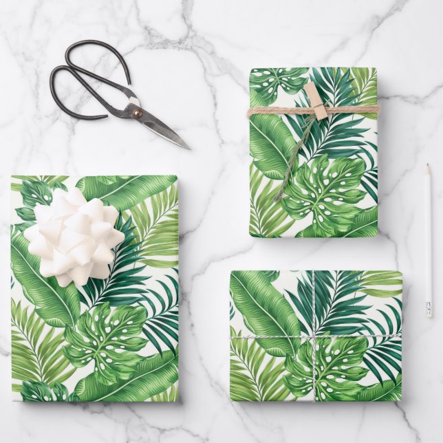 Green Tropical Palm Banana Monstera Leaves Wrapping Paper Sheets (Front)