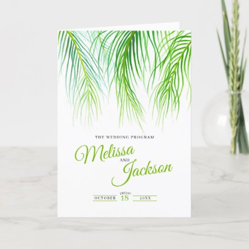 Green tropical palm fronds watercolor art wedding program