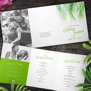 Green tropical palm fronds watercolor art wedding Tri-Fold program