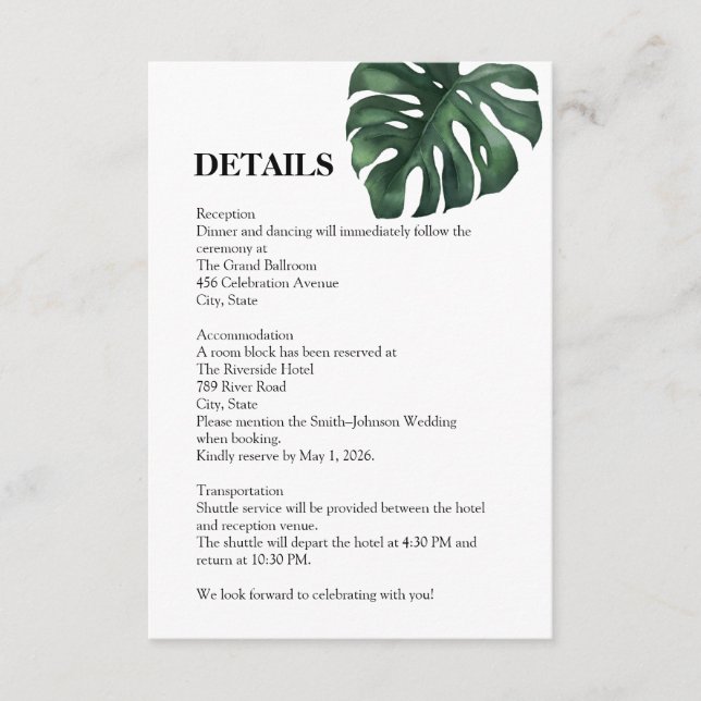 Green Tropical Palm Leaves Deatils Enclosure Card (Front)