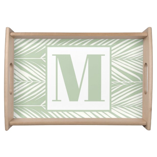 Green Tropical Palm Leaves Letter Monogram Serving Tray (Front)
