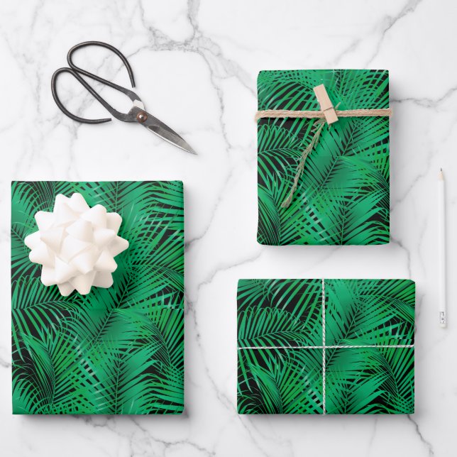 Green Tropical Palm Leaves on Black Wrapping Paper Sheets (Front)