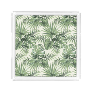 Green Tropical Palm Leaves Pattern Acrylic Tray