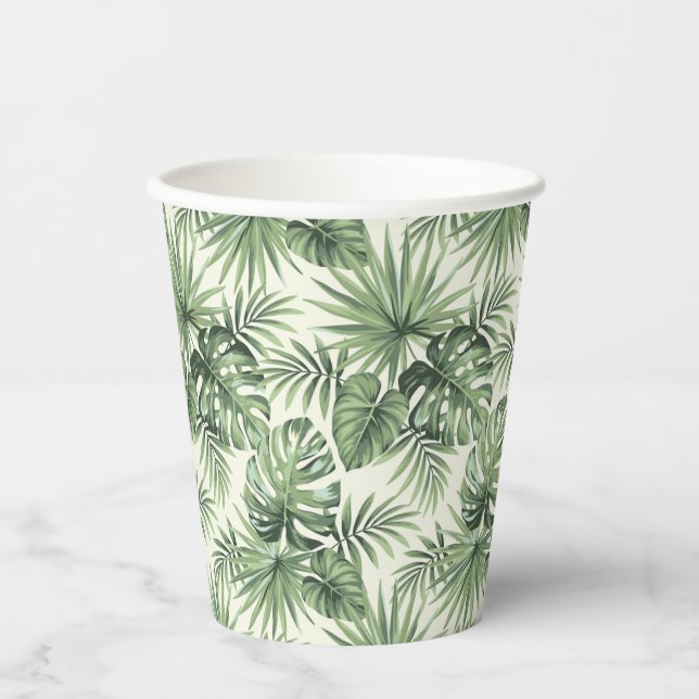 Green Tropical Palm Leaves Pattern Paper Cups (Front)