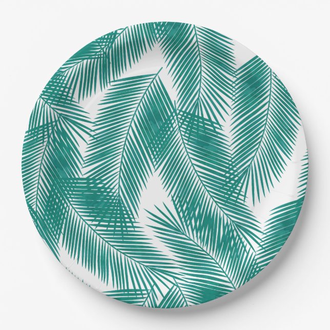 Green Tropical Palm Leaves Pattern Paper Plates (Front)