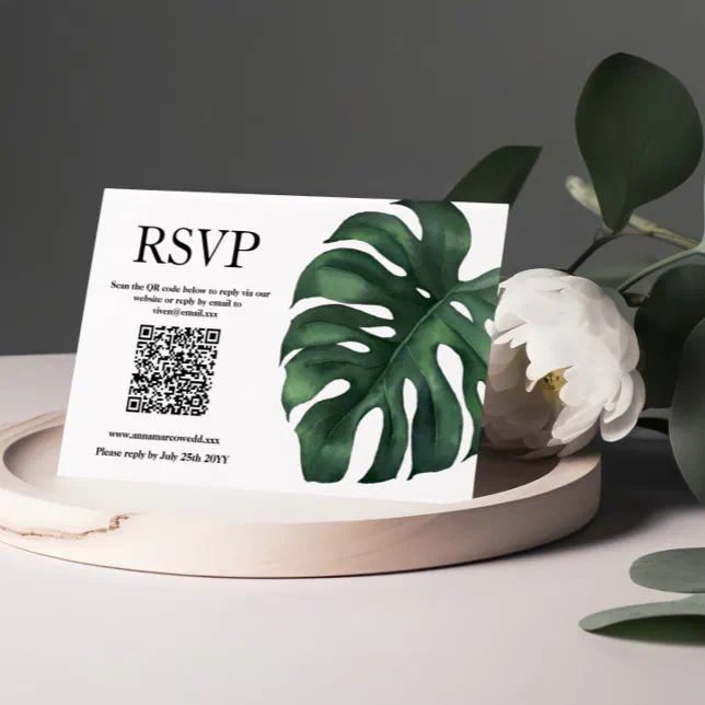 Green Tropical Palm Leaves QR Code Response Card | Zazzle