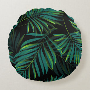 Green tropical palm leaves. Seamless pattern graph Round Pillow