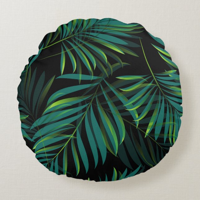 Green tropical palm leaves. Seamless pattern graph Round Pillow (Front)