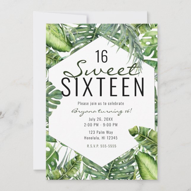 Green Tropical Palm Leaves Summer Island Sweet 16 Invitation (Front)