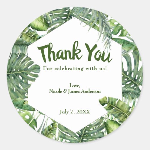 Green Tropical Palm Leaves Summer Island Wedding Classic Round Sticker