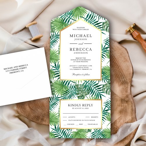Green Tropical Palm Leaves Wedding All In One Invitation