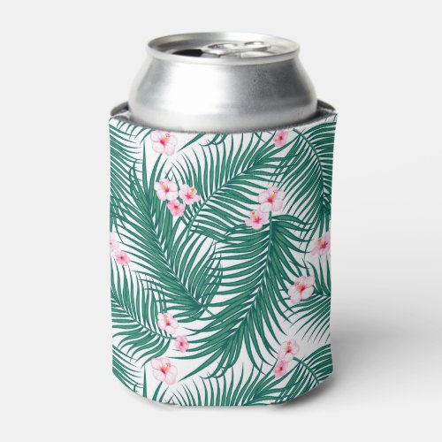 Green Tropical Palm Leaves with Hibiscus Flowers  Can Cooler