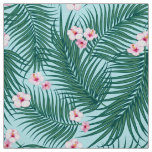 Green Tropical Palm Leaves with Hibiscus Flowers Fabric