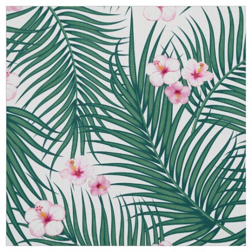 Green Tropical Palm Leaves with Hibiscus Flowers Fabric