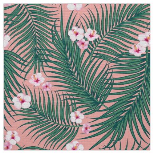 Green Tropical Palm Leaves with Hibiscus Flowers Fabric