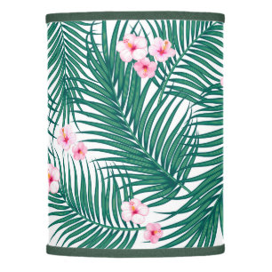 Green Tropical Palm Leaves with Hibiscus Flowers   Lamp Shade