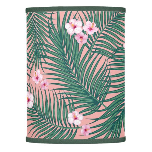 Green Tropical Palm Leaves with Hibiscus Flowers   Lamp Shade