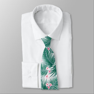 Green Tropical Palm Leaves with Hibiscus Flowers Neck Tie
