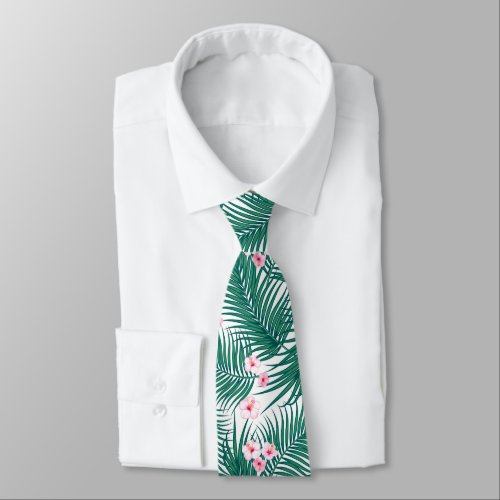 Green Tropical Palm Leaves with Hibiscus Flowers   Neck Tie