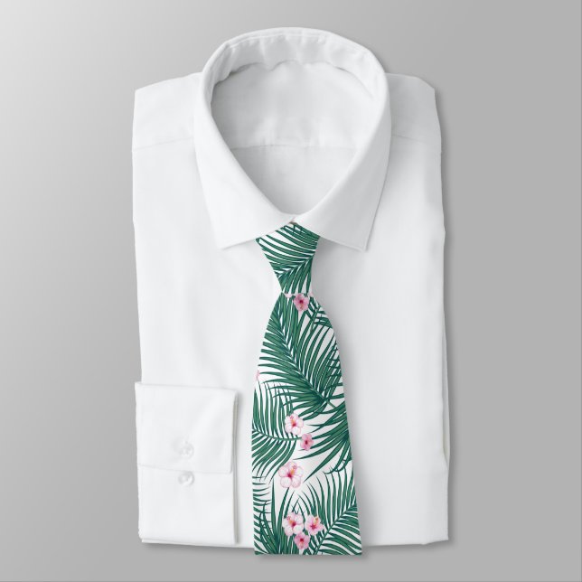 Green Tropical Palm Leaves with Hibiscus Flowers   Neck Tie (Tied)