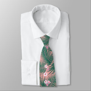 Green Tropical Palm Leaves with Hibiscus Flowers   Neck Tie