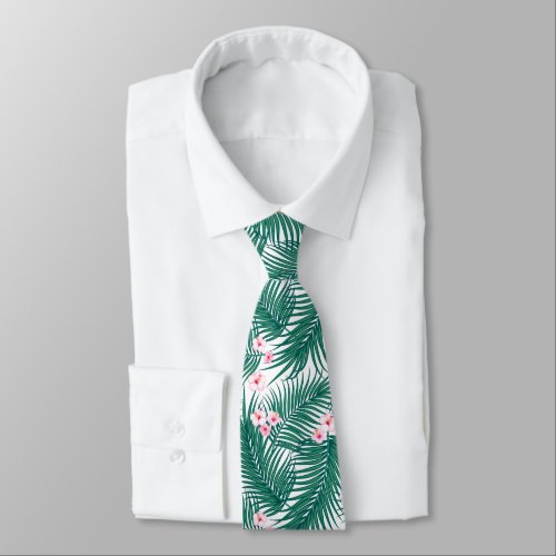 Green Tropical Palm Leaves with Hibiscus Flowers   Neck Tie