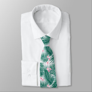 Green Tropical Palm Leaves with Hibiscus Flowers Neck Tie