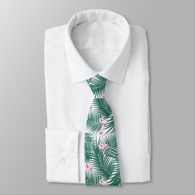 Green Tropical Palm Leaves with Hibiscus Flowers   Neck Tie (Tied)