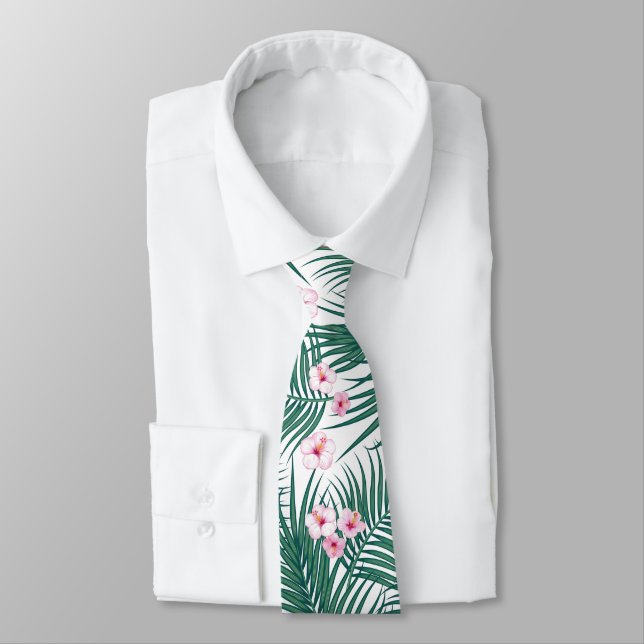 Green Tropical Palm Leaves with Hibiscus Flowers   Neck Tie (Tied)