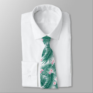 Green Tropical Palm Leaves with Hibiscus Flowers Neck Tie