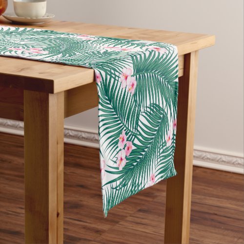 Green Tropical Palm Leaves with Hibiscus Flowers  Short Table Runner